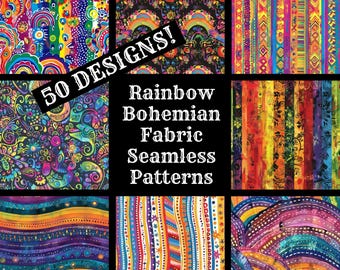 Rainbow Bohemian Fabric Seamless Patterns: 50 PNG Digital Papers (Digital Download)