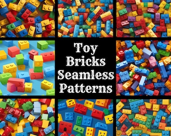 May include: A collage of nine different seamless patterns featuring colorful toy bricks. The patterns include various colors, shapes, and designs, including smiley faces. The text "Toy Bricks Seamless Patterns" is displayed in the center of the collage.