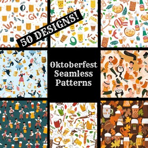 May include: A set of 50 Oktoberfest seamless patterns featuring various designs, including beer mugs, pretzels, leaves, and traditional German costumes. The text "50 Designs!" and "Oktoberfest Seamless Patterns" is included in the image.