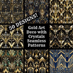 Gold Art Deco Crystal Seamless Patterns: 50 PNG Digital Papers (Digital Download)