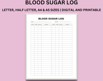 Blood Sugar Tracker Printable, Glucose Diabetes Log (A4/Letter)