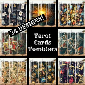 May include: 24 Designs! Tarot Cards Tumblers. A collage of nine images showing different designs of stainless steel tumblers with tarot card designs. The tumblers are black, white, and gold.