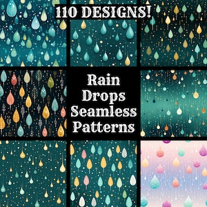 Puede incluir: Un conjunto de 110 patrones digitales sin costuras que presentan gotas de lluvia y hojas en varios colores y estilos. Los patrones son perfectos para crear fondos, papel de regalo, diseños de telas y mucho más.