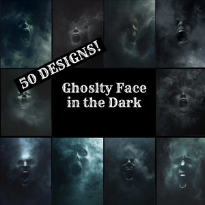 Puede incluir: Un collage de 50 diseños de caras fantasmales en la oscuridad. Cada diseño presenta una cara blanca con la boca abierta y un fondo oscuro.