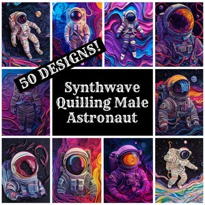 Synthwave Quilling Astronaut Paper: 50 PNG Designs (Digital Download)