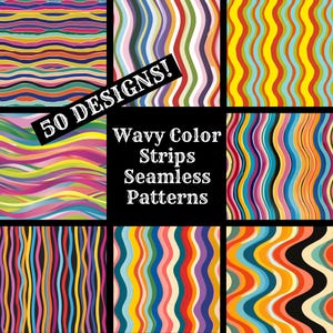 Può includere: Un set di 9 motivi a strisce ondulate colorate. I motivi sono senza cuciture e possono essere utilizzati per una varietà di progetti. Il testo "50 DESIGNS!" e "Wavy Color Strips Seamless Patterns" è visualizzato su uno sfondo nero.