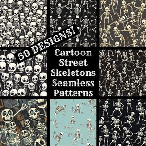 Puede incluir: 50 diseños de esqueletos de dibujos animados para patrones sin costuras. Los esqueletos están en varias poses, incluyendo bailar, caminar y estar de pie. Los patrones son en blanco y negro, y algunos tienen un fondo azul.