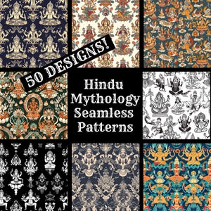 Könnte beinhalten: Ein Set mit 10 nahtlosen Mustern mit hinduistischen Gottheiten und Symbolen. Die Muster sind in verschiedenen Farben gehalten, darunter Rot, Blau, Grün, Gelb und Schwarz. Die Muster eignen sich perfekt für die Verwendung in Stoffen, Tapeten und anderen Designprojekten.