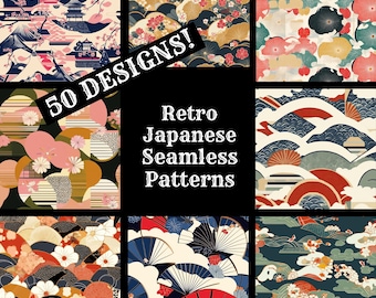 May include: A collage of 50 retro Japanese seamless patterns. The patterns feature a variety of designs, including waves, flowers, fans, and geometric shapes. The text "50 DESIGNS!" and "Retro Japanese Seamless Patterns" is displayed on the image.