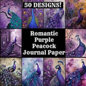 Papier journal romantique paon violet, papier imprimable romantique paon violet, fournitures de journal paon romantique vintage, intercalaires de journal