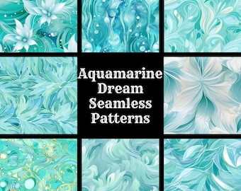 May include: 50 Aquamarine Dream Seamless Patterns. A collection of digital paper designs featuring swirling, abstract patterns in shades of blue and green.