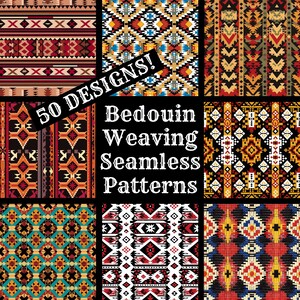 Puede incluir: Un conjunto de 9 patrones geométricos coloridos inspirados en el tejido beduino. Los patrones son sin costuras y se pueden utilizar para una variedad de proyectos, como telas, papel tapiz y diseño digital. El texto "50 Designs! Bedouin Weaving Seamless Patterns" se muestra en la imagen.
