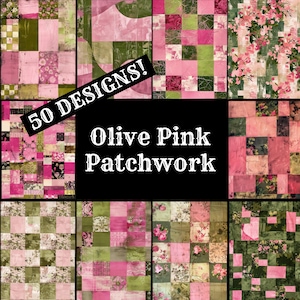 Peut inclure: Un collage de 50 motifs de patchwork différents dans des tons d'olive et de rose. Le texte "50 DESIGNS! Olive Pink Patchwork" est affiché en blanc sur un fond noir.