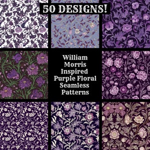 May include: A collection of 50 William Morris inspired purple floral seamless patterns. The patterns feature intricate designs with various shades of purple, white, and green.