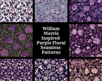 May include: A collection of 50 William Morris inspired purple floral seamless patterns. The patterns feature intricate designs with various shades of purple, white, and green.