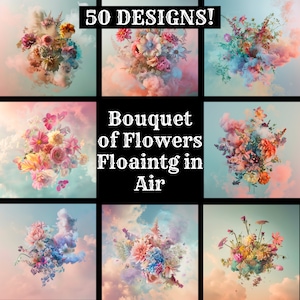 Może przedstawiać: Kolaż dziewięciu obrazów przedstawiających kolorowe bukiety kwiatów unoszące się w powietrzu na tle pastelowego różowego i niebieskiego nieba. Tekst "50 DESIGNS!" i "Bouquet of Flowers Floaintg in Air" jest wyświetlany w środku kolażu.