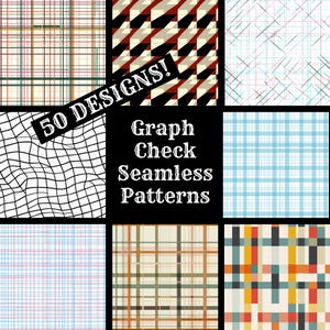 May include: Nine different graph check seamless patterns are displayed. The patterns include grid and plaid designs in colours such as red, blue, black, and beige. Text on the image reads "50 DESIGNS!" and "Graph Check Seamless Patterns."