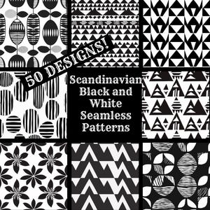 Puede incluir: Conjunto de 10 patrones sin costuras de estilo escandinavo en blanco y negro. Los patrones incluyen formas geométricas, círculos y diseños florales.