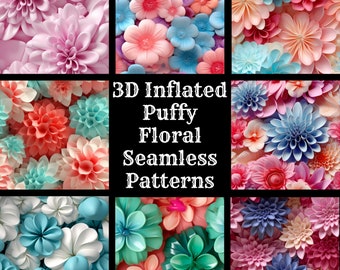 May include: 50 seamless patterns featuring 3D inflated puffy floral designs in various colours, including pink, blue, white, green, and red.