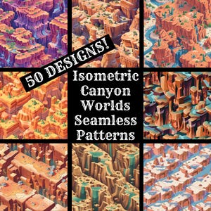 May include: A collection of 50 isometric canyon world seamless patterns. The patterns feature a variety of colors, including red, orange, brown, and blue. The patterns are perfect for use in game design, website backgrounds, or any other creative project.