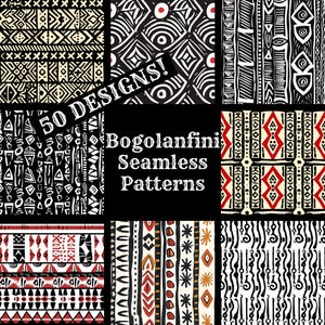 May include: A collection of 50 black and white geometric patterns with red accents. The patterns are seamless and are labeled "Bogolanfini Seamless Patterns".
