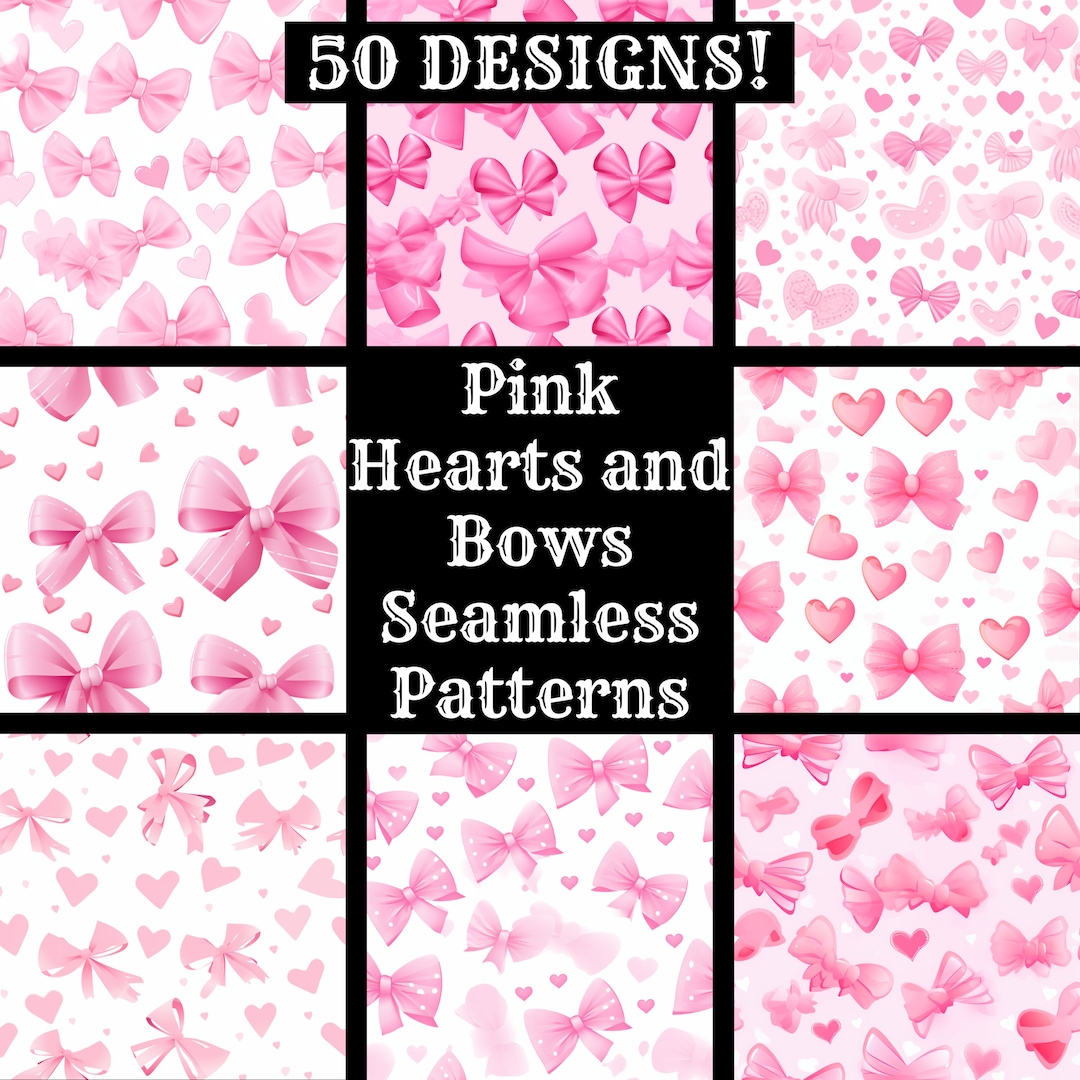 Pink Hearts and Bows Seamless Patterns: Digital Scrapbook Paper (PNG ...