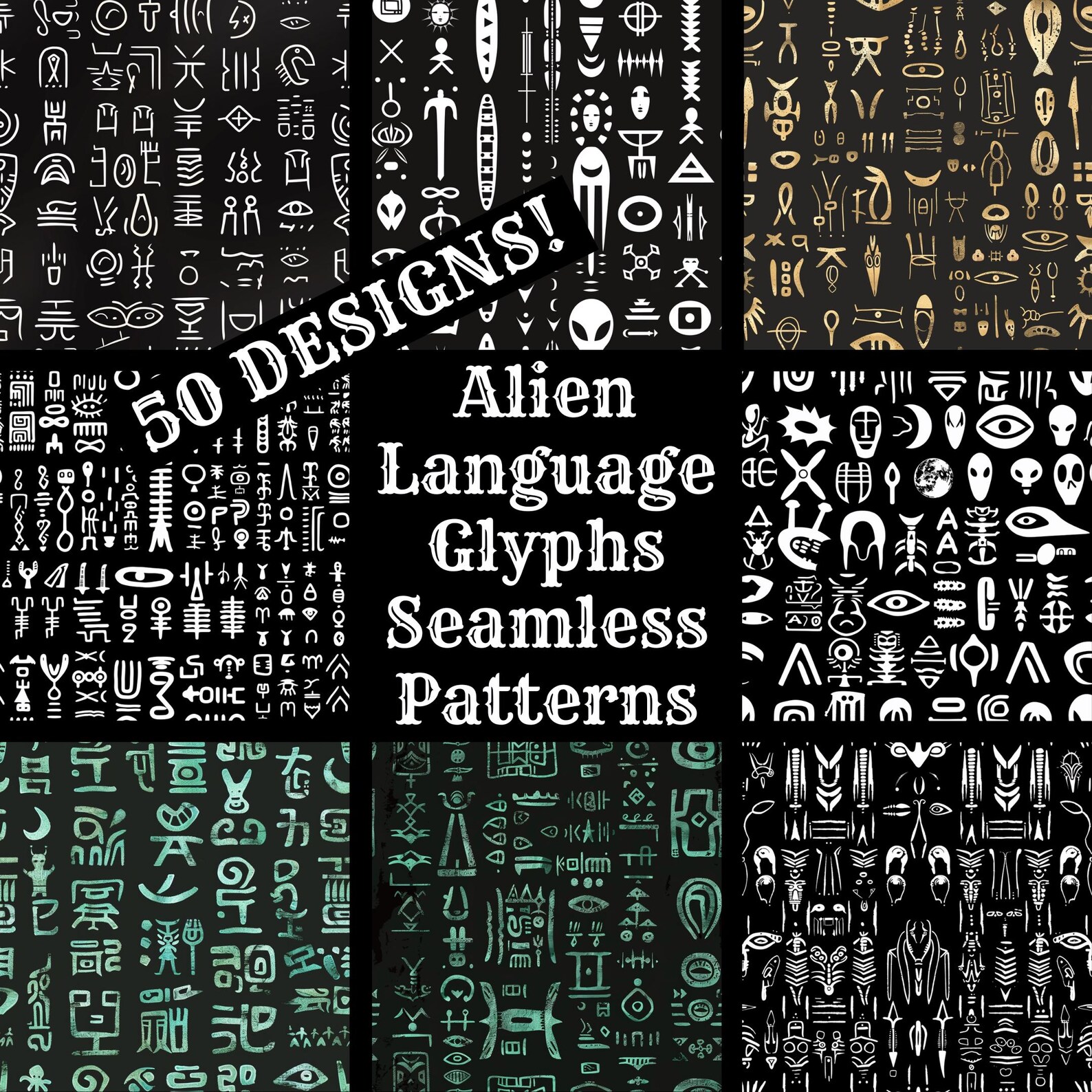 Alien Glyphs Seamless Pattern: 50 PNG Digital Papers (digital Download ...