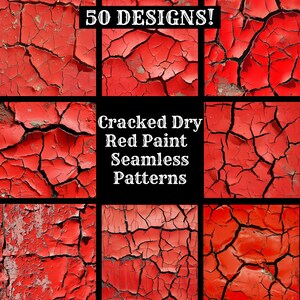 May include: 50 seamless patterns of cracked dry red paint. The patterns are perfect for adding a distressed, vintage look to your designs.