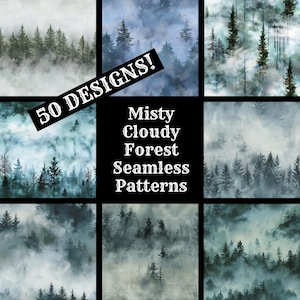 Puede incluir: 50 Patrones sin costuras de bosque brumoso y nublado. Una descarga digital de patrones sin costuras que presentan un bosque brumoso con árboles altos y niebla. Los patrones están en tonos de azul, verde y blanco.