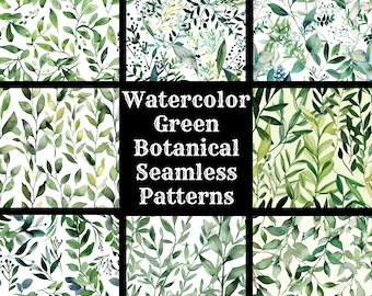 Watercolor Green Botanical Seamless Paper: 50 PNG Designs (Digital Download)