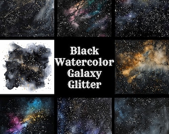 May include: 50 watercolor galaxy designs with black backgrounds and gold glitter accents. The designs feature various nebulae and star patterns.