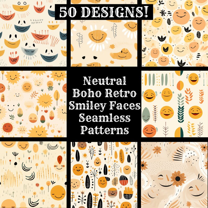 Boho Smiley Faces Seamless Pattern: Retro Neutral Digital Paper (PNG ...