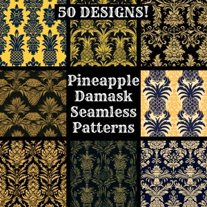 Pineapple Damask Seamless Pattern: 50 PNG Digital Papers (Digital Download)