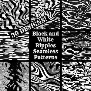 Może przedstawiać: Zestaw 50 czarno-białych wzorów falistych bez szwów. Wzory są abstrakcyjne i przypominają fale wody. Tekst "50 DESIGNS! Black and White Ripples Seamless Patterns" jest wyświetlany w środku obrazu.