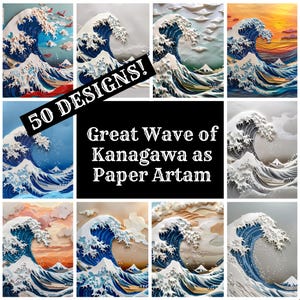 Puede incluir: Un collage de imágenes que muestran la Gran Ola de Kanagawa como arte en papel. El texto "50 DESIGNS!" se muestra en la esquina superior izquierda. El texto "Great Wave of Kanagawa as Paper Art" se muestra en el centro del collage.