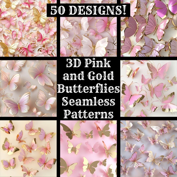 3D Pink and Gold Butterflies Seamless Digital Paper, Printable Scrapbook Paper Seamless Textures, Digital Instant Download Gold and Pink