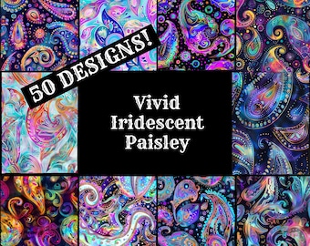 Iridescent Paisley Digital Paper: Vivid Seamless Patterns (PNG Download)