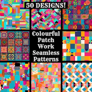 Op de afbeelding: 50 kleurrijke patchwork naadloze patronen in verschillende geometrische ontwerpen. De patronen zijn gemaakt van vierkanten, rechthoeken en driehoeken in felle kleuren zoals rood, geel, blauw, groen en roze.