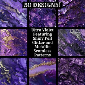 May include: 50 seamless digital paper patterns in shades of purple, silver, and gold. The patterns feature abstract swirls and marbling effects. Ultra Violet Featuring Shiny Foil Glitter and Metallic Seamless Patterns.