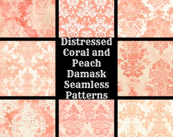Coral Peach Damask Digital Paper: Distressed Seamless Textures (Digital Download)