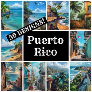 Può includere: Un collage di 9 immagini che mostrano la bellezza di Porto Rico. Le immagini presentano colori vivaci, paesaggi tropicali e un'architettura affascinante. Il testo "50 DESIGNS!" e "Puerto Rico" è visualizzato in grassetto, in bianco su sfondo nero.