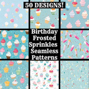 以下が含まれることがあります： 明るい青色の背景に、さまざまな色の誕生日カップケーキ、アイスクリームコーン、スプリンクルが描かれた、シームレスなパターンが50個あります。画像の中央には、「Birthday Frosted Sprinkles Seamless Patterns」というテキストがあります。