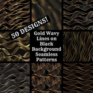 May include: 50 Designs! Gold wavy lines on black background seamless patterns. This digital download includes a variety of patterns with gold lines on a black background.