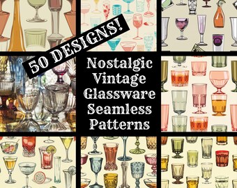 Könnte beinhalten: Ein Set mit 50 nahtlosen Mustern mit Vintage-Gläserdesigns. Die Muster umfassen verschiedene Glasstile, darunter Weingläser, Cocktailgläser und Schnapsgläser. Die Muster sind in verschiedenen Farben gehalten, darunter Rot, Blau, Grün und Gelb.