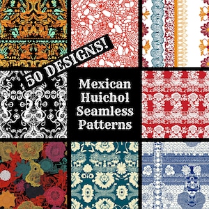 Puede incluir: Un collage de nueve patrones coloridos, intrincados y sin costuras inspirados en el arte mexicano Huichol. Los patrones presentan formas geométricas, motivos florales y colores vibrantes. El texto "50 DESIGNS!" y "Mexican Huichol Seamless Patterns" se muestra sobre un fondo negro.