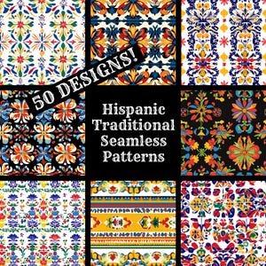 Puede incluir: Una colección de 50 patrones tradicionales hispanos sin costuras. Los patrones presentan colores vibrantes, diseños intrincados y motivos florales. El texto "50 DESIGNS!" se muestra en negrita.
