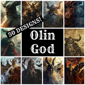 May include: A collage of 9 images featuring a bearded, horned figure with a crown. The images are in a grid format with the text "50 DESIGNS!" and "Olin God" in the center.