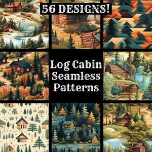 Op de afbeelding: Een collage van 56 naadloze patronen met blokhutten in verschillende bosomgevingen. De patronen omvatten verschillende kleuren en stijlen van hutten, bomen en landschappen. De tekst "Log Cabin Seamless Patterns" wordt in het midden van de collage weergegeven.