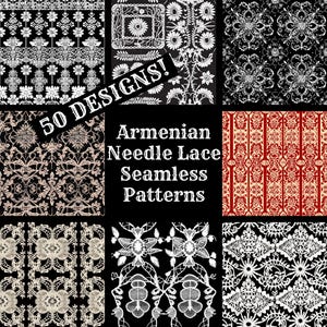 Op de afbeelding: Een collage van 50 verschillende ontwerpen van Armeense naaldkant. De patronen zijn ingewikkeld en gedetailleerd, en ze zijn allemaal in zwart en wit. De tekst "50 DESIGNS!" staat in een witte doos met een zwarte omtrek. De tekst "Armenian Needle Lace Seamless Patterns" staat in witte tekst op een zwarte achtergrond.
