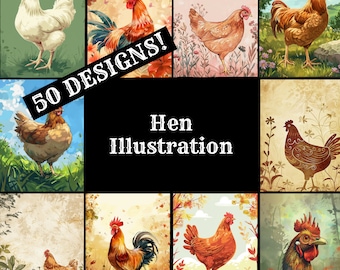 Hen Illustration Digital Paper: Vintage Journal Inserts (PNG)